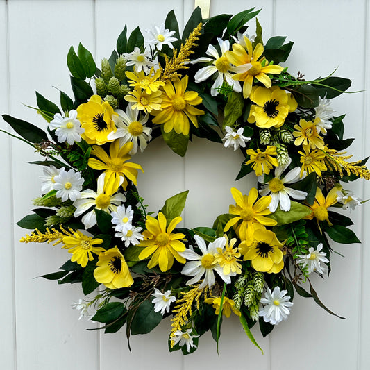 Handmade Spring Summer Floral Yellow Anemone, Venegasia, and white gerbera daisies Grapevine, Rose, Daisy ,20" Wreath