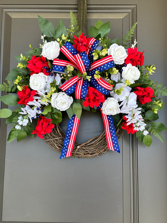 Handmade Summer Floral Red, White & Blue Grapevine Wreath, White Rose, Wisteria