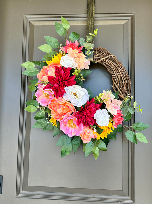 Handmade Spring Summer Floral Pink, Red, & White Grapevine Wreath, Peony, Dahlia, Eucalyptus, and Hydrangea, Camillia 20” Wreath