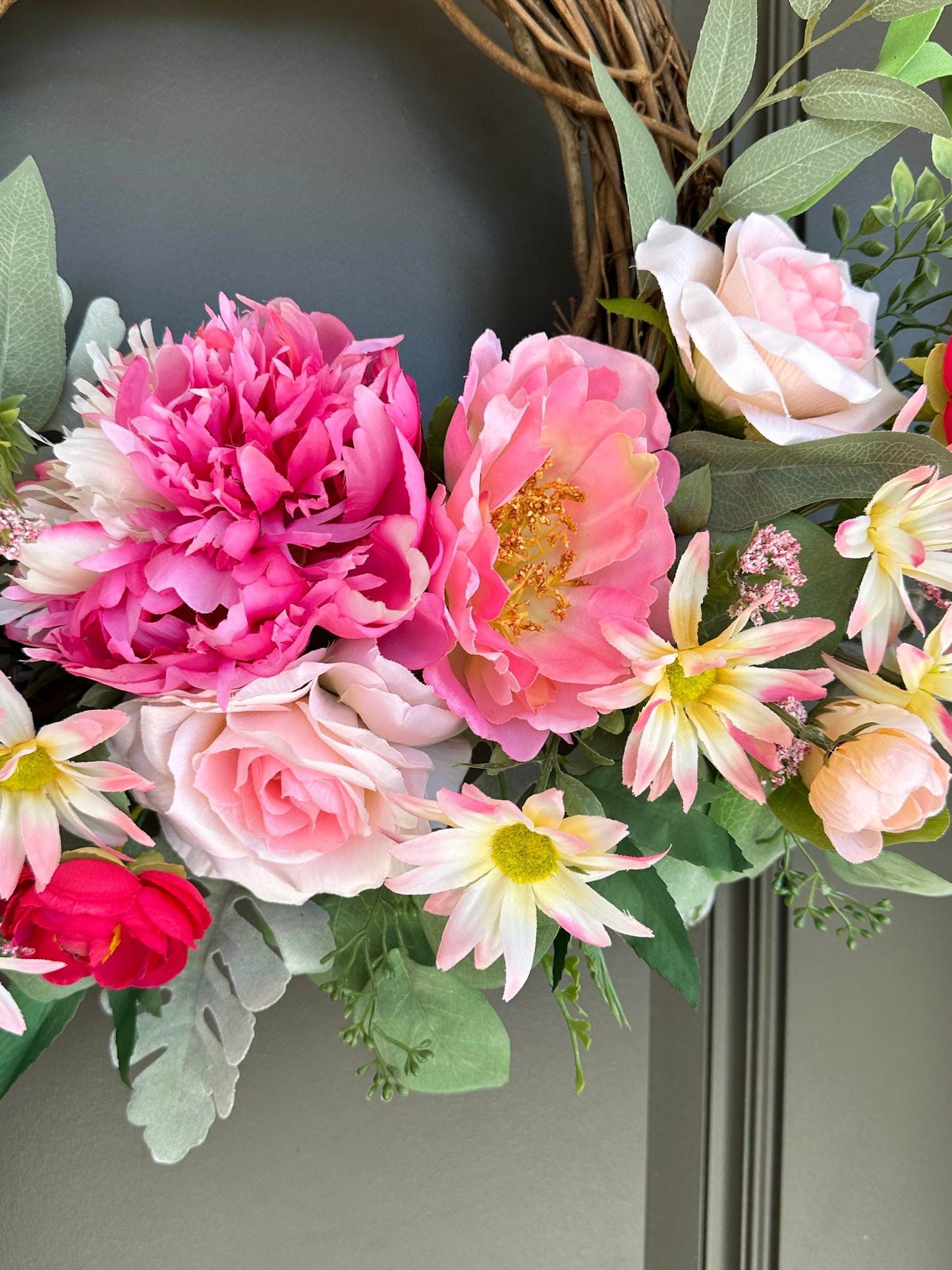 Handmade Spring Summer Floral Pink, Red, & White Grapevine Wreath, Peony, Rose, Eucalyptus, and Dusty Rose