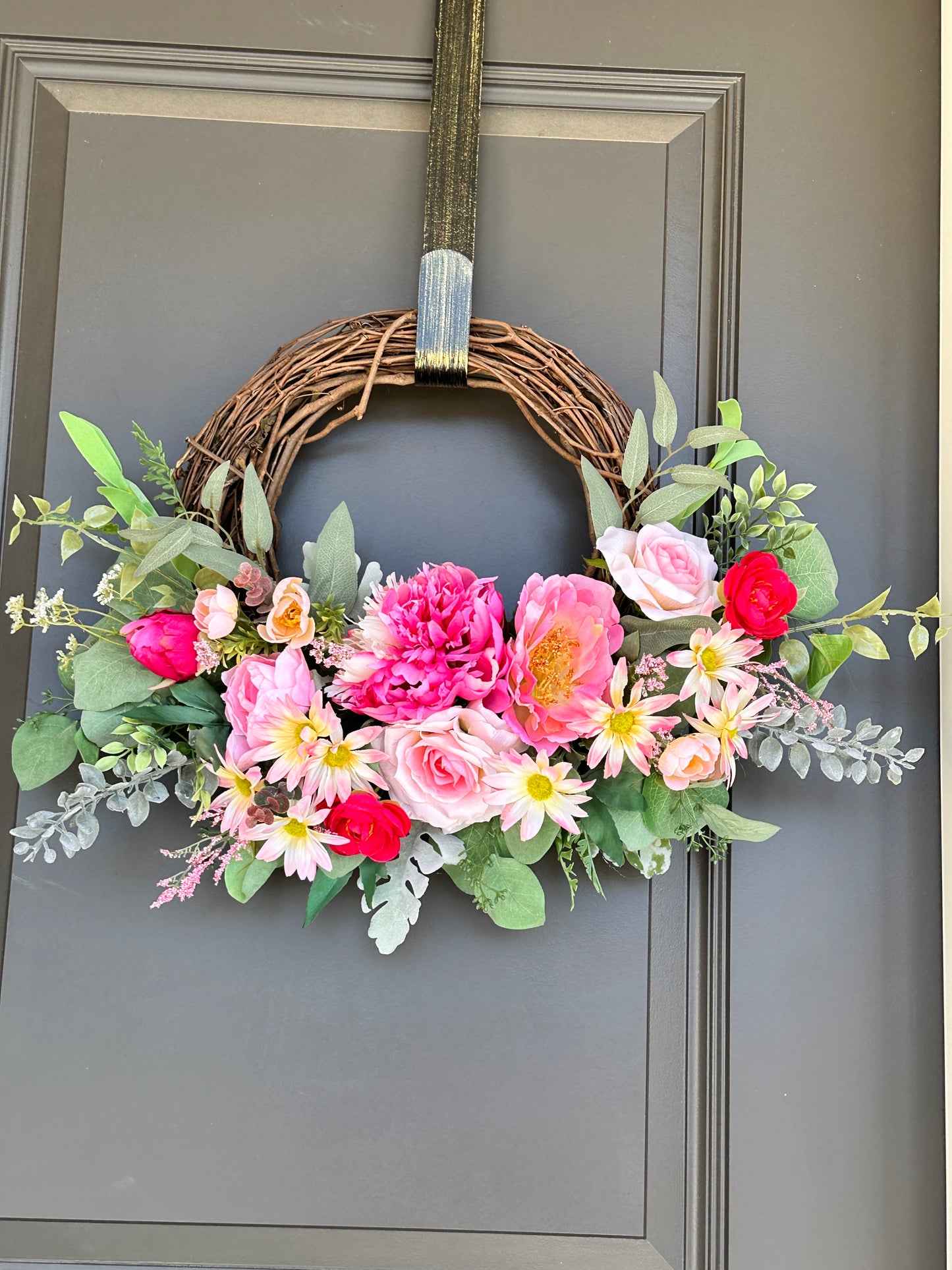 Handmade Spring Summer Floral Pink, Red, & White Grapevine Wreath, Peony, Rose, Eucalyptus, and Dusty Rose