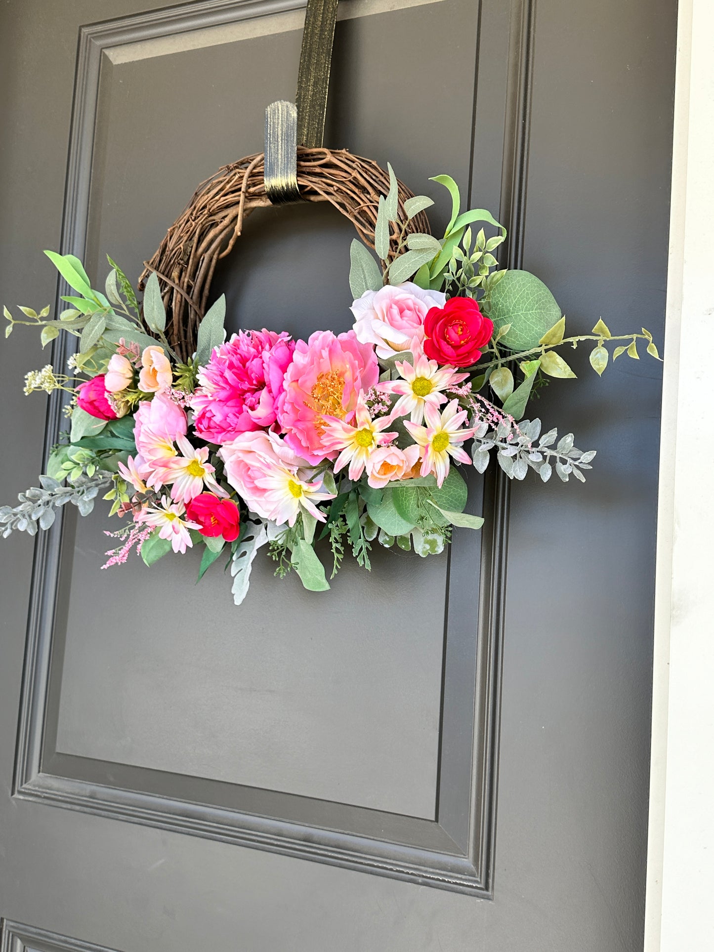 Handmade Spring Summer Floral Pink, Red, & White Grapevine Wreath, Peony, Rose, Eucalyptus, and Dusty Rose