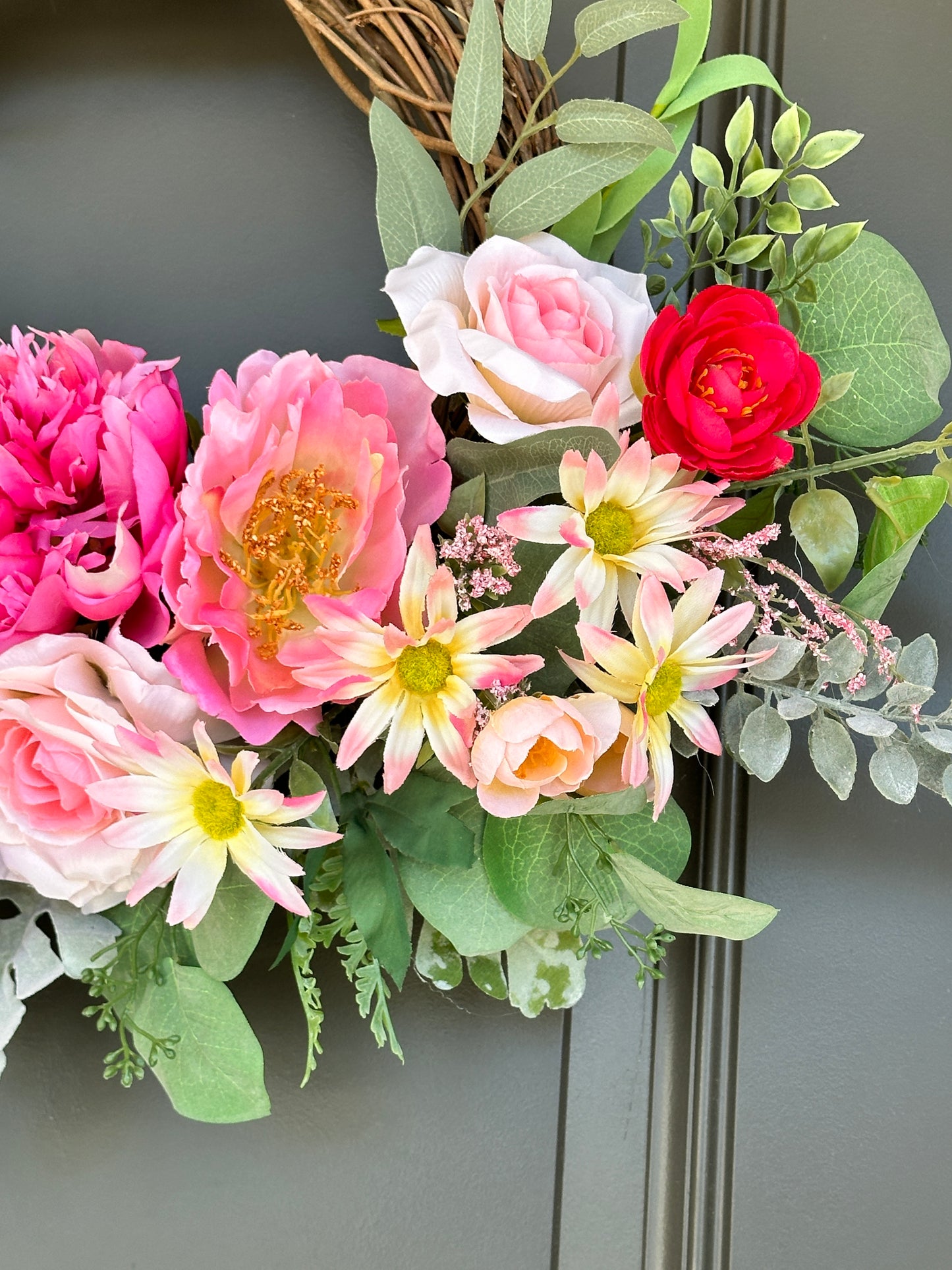 Handmade Spring Summer Floral Pink, Red, & White Grapevine Wreath, Peony, Rose, Eucalyptus, and Dusty Rose