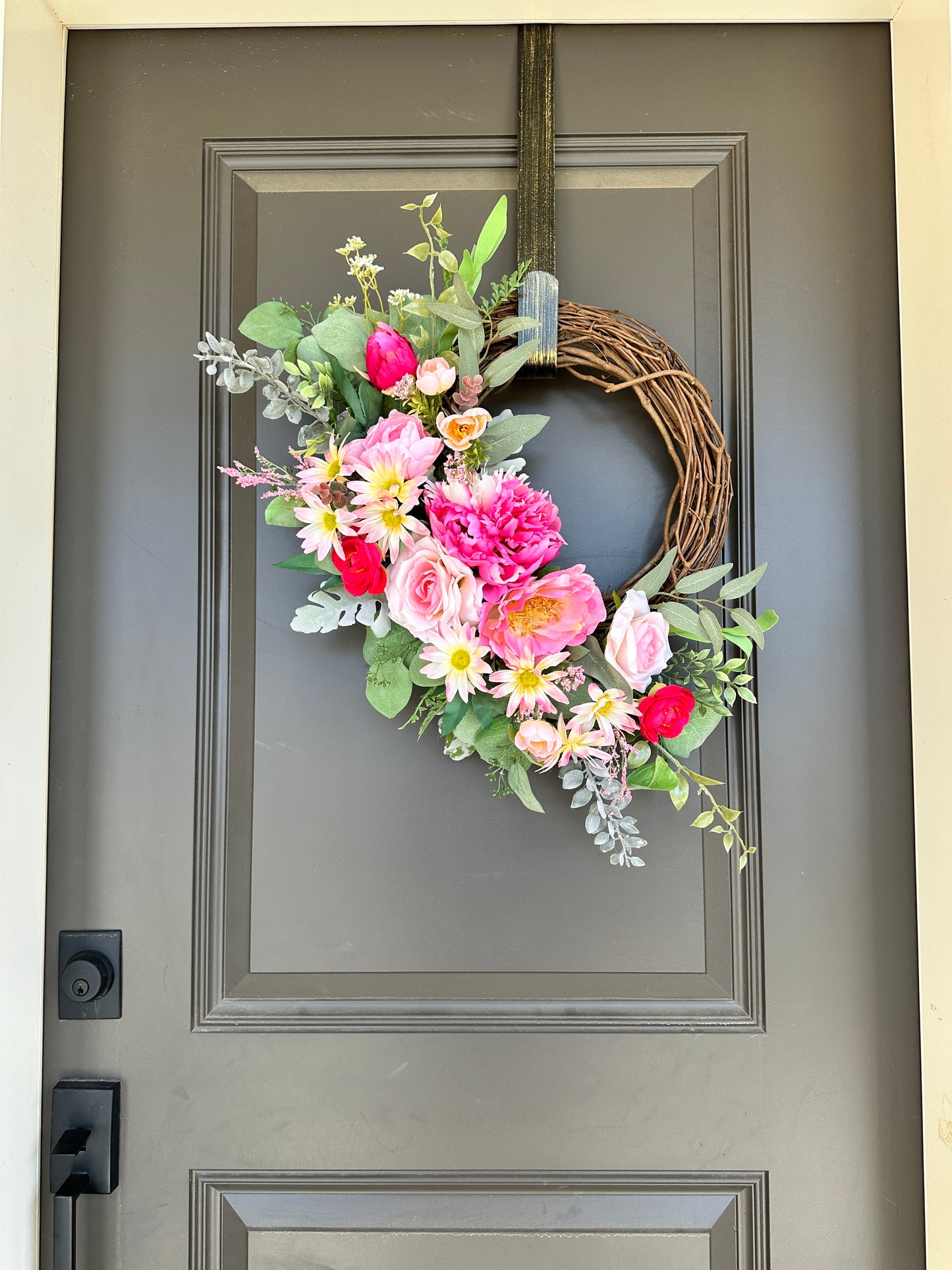 Handmade Spring Summer Floral Pink, Red, & White Grapevine Wreath, Peony, Rose, Eucalyptus, and Dusty Rose