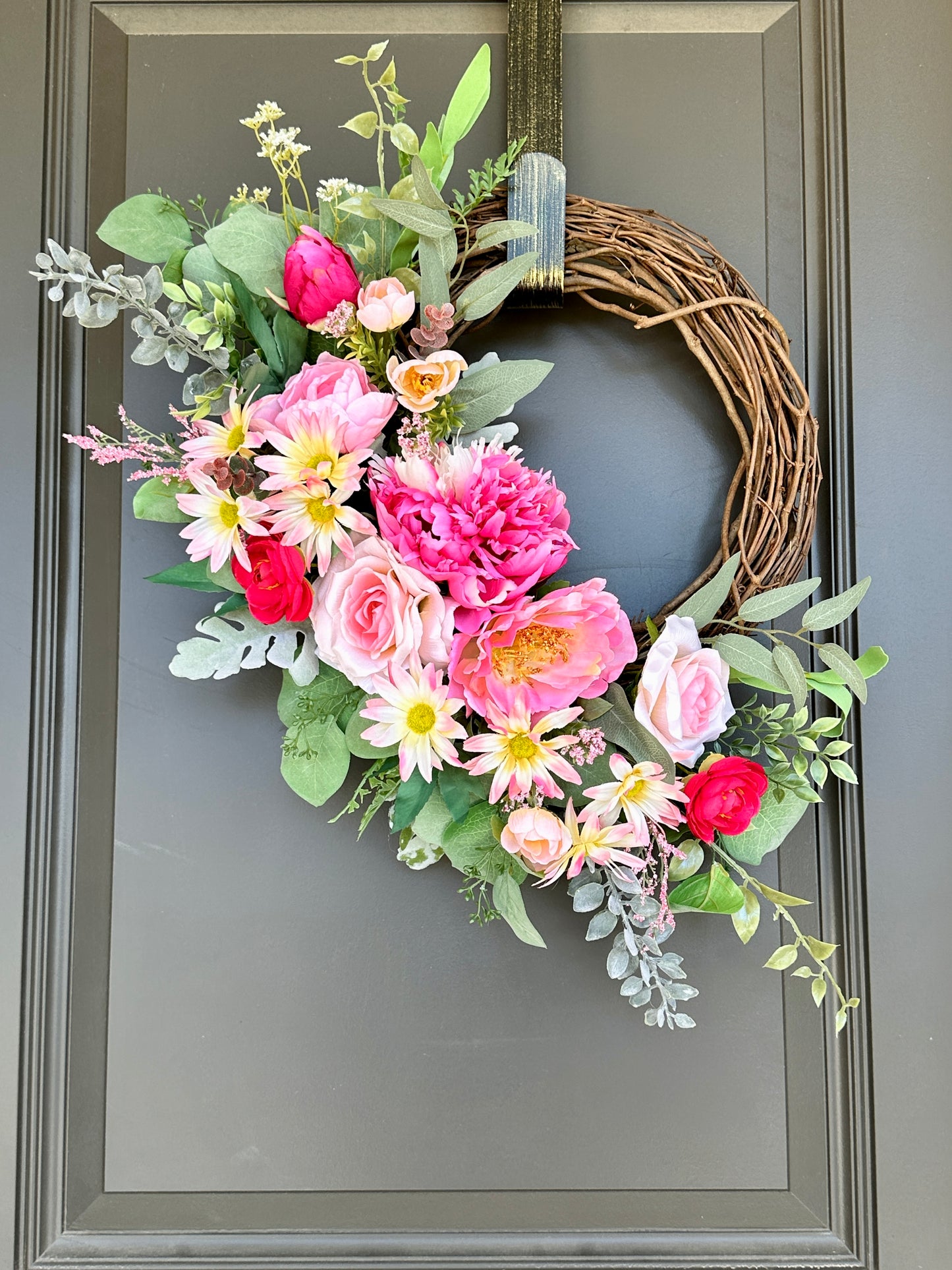 Handmade Spring Summer Floral Pink, Red, & White Grapevine Wreath, Peony, Rose, Eucalyptus, and Dusty Rose