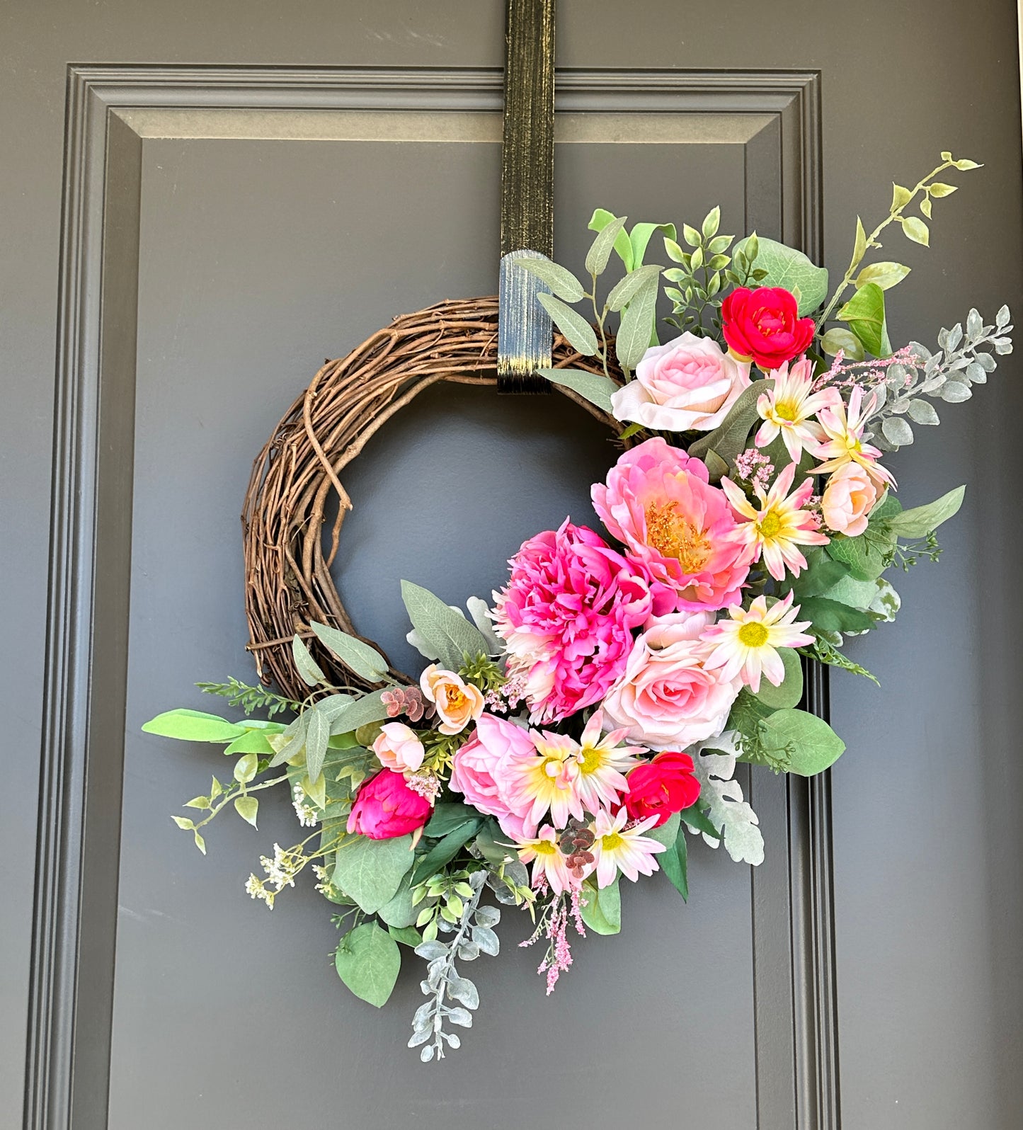 Handmade Spring Summer Floral Pink, Red, & White Grapevine Wreath, Peony, Rose, Eucalyptus, and Dusty Rose