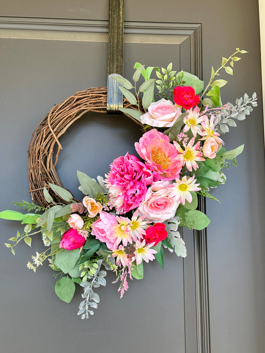 Handmade Spring Summer Floral Pink, Red, & White Grapevine Wreath, Peony, Rose, Eucalyptus, and Dusty Rose